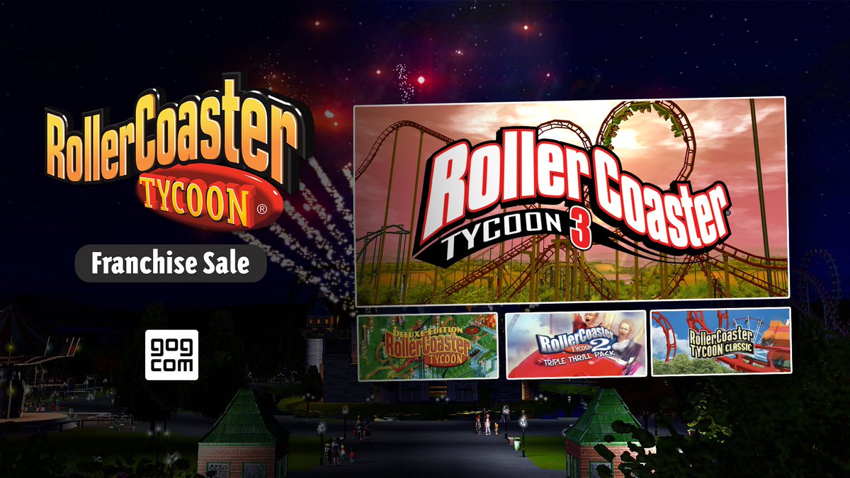 RollerCoaster Tycoon 3: Complete Edition is now available DRM-free! Celebrate the 25th anniversary of the RollerCoaster Tycoon series with special discounts on classic RCT games 🎆 Go play them offline today! 👇 bit.ly/RCTanniversary