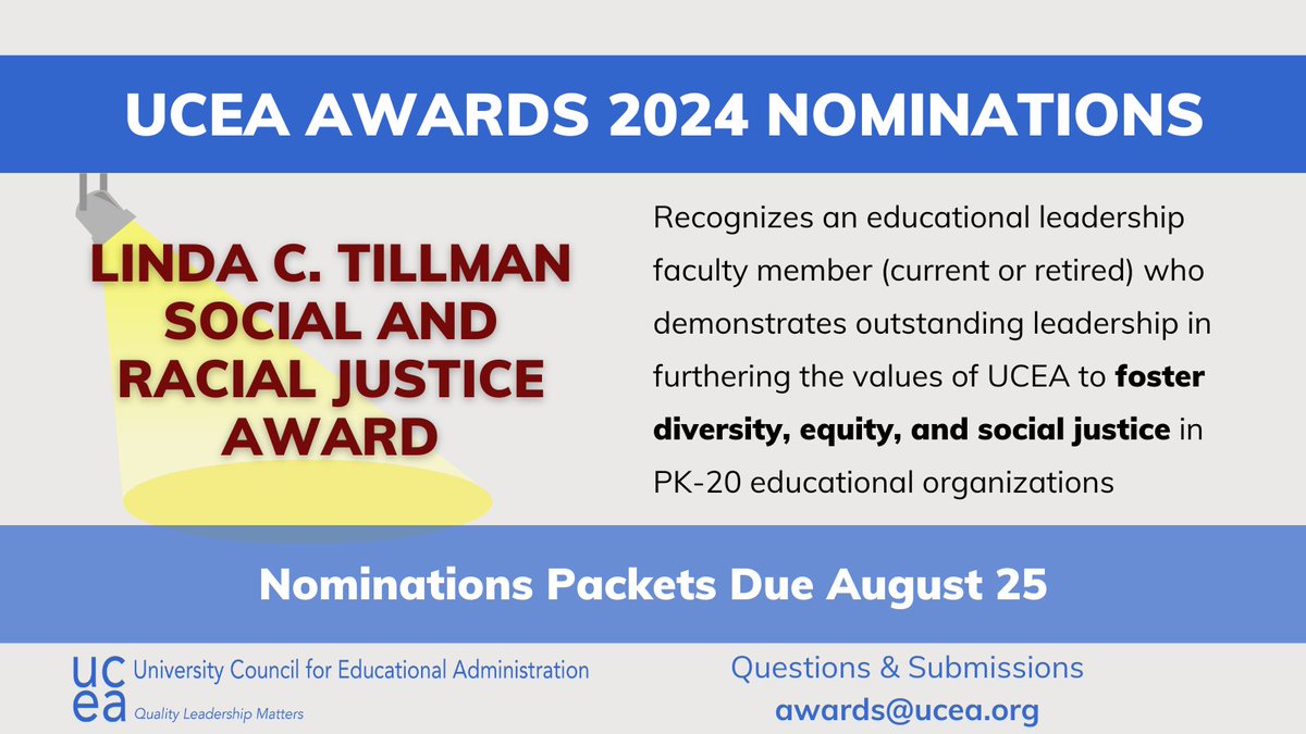 #UCEA24 Awards are open for nominations!
Is one of your colleagues doing  #UCEAwesome work to further justice & equity? Nominate them for the Linda C. Tillman Social and Racial Justice Award! #LeadershipMatters @DrMoniByrne @UCEAGSC @UCEAJSN
ucea.org/award_linda.php