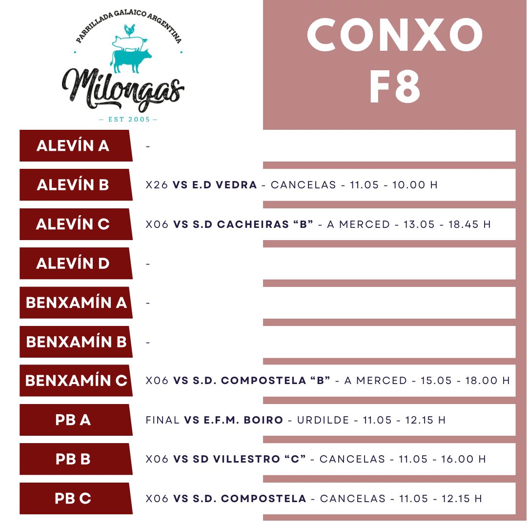 🤎💛 𝑯𝑶𝑹𝑨𝑹𝑰𝑶𝑺 𝑪𝑨𝑵𝑻𝑬𝑰𝑹𝑨 𝑷𝑰𝑪𝑯𝑬𝑳𝑬𝑰𝑹𝑨 📆 Nova xornada para o @ConxoSantiago 💪🏻 De novo con @milongasparri ⚽️ Moitos partidos tamén pola semana! #CanteiraPicheleira