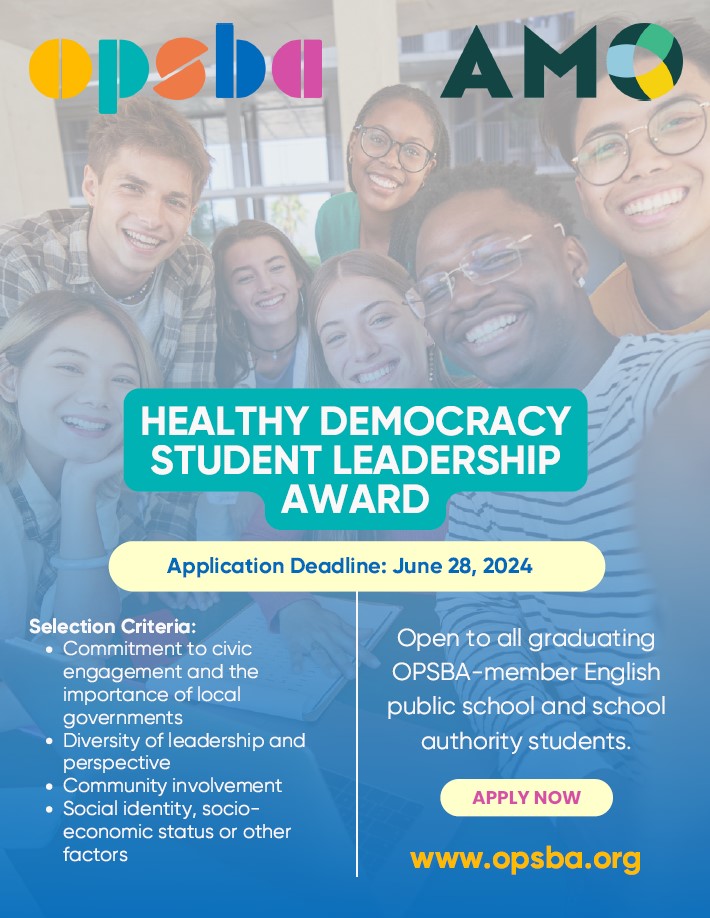 Great opportunity for graduating #TVDSB secondary students! Applications are now open for the inaugural OPSBA Healthy Democracy Student Leadership Award. More info: opsba.org/healthy-democr…