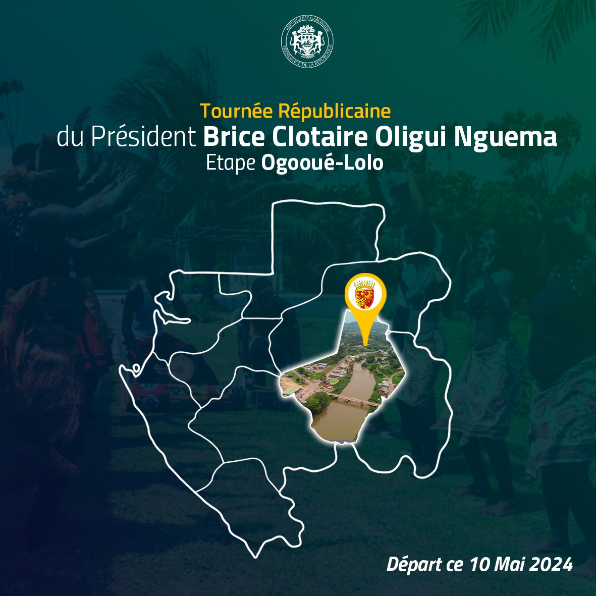 #Déplacement | Le Président @oliguinguema se rend ce 10 mai 2024 dans la province de l'Ogooué-Lolo dans le cadre sa tournée républicaine.