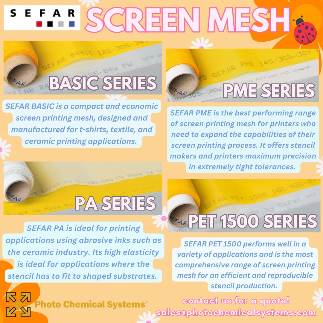 Learn more about some of our favorite Sefar screen printing meshes! 

Contact us for a quote
Sales@PhotoChemicalSystems.com

#sefar #screenmesh #screenprinting #screenmaking #screenprintingsupplies #northcarolina #raleighnc #nc #eastcoast #stencilmaking #screenprintingmesh