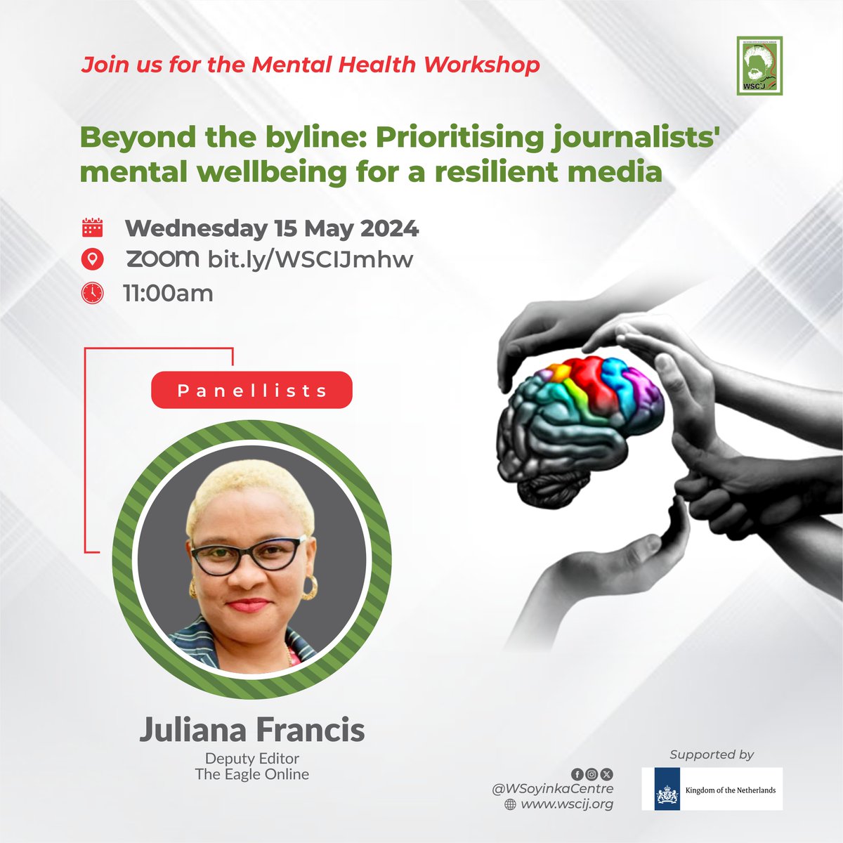 Come and learn about the inner workings and practices of the newsroom and how these influence the ability of investigative journalists to engage in rigorous investigative work. Join @julianafrancis at the @WSoyinkaCentre's #MentalHealth workshop for more. bit.ly/WSCIJmhw