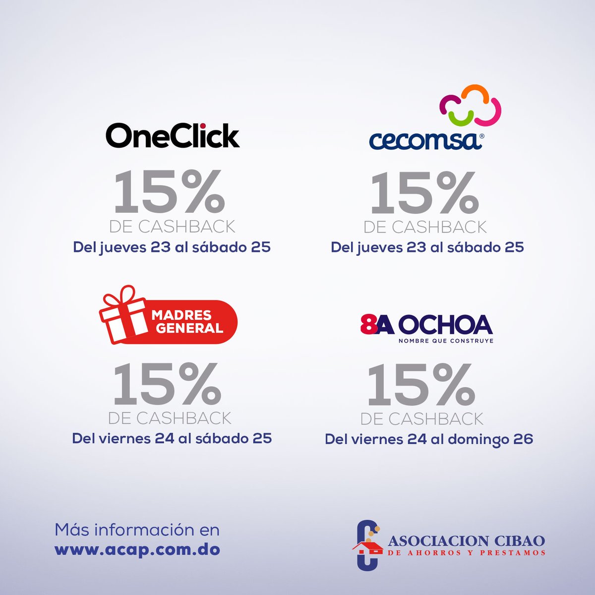 cibaodom's tweet image. Conoce todas las ofertas que tenemos para ti al pagar con tus #TarjetasDeCrédito y #Ultracrédito ACAP en establecimientos y fechas específicas, durante el mes de mayo. 🙌

📲Recuerda que puedes pagar más rápido y seguro registrando tus tarjetas en tu Billetera de Google.

#ACAP