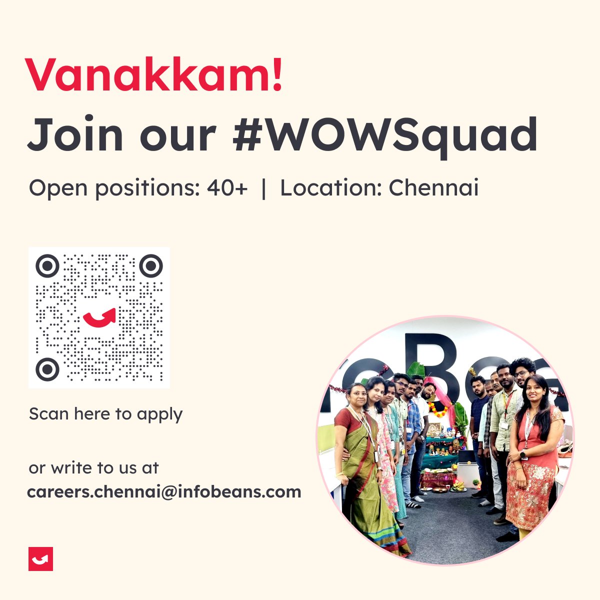 infobeans's tweet photo. Join our award-winning team in #Chennai and embark on our journey of #creatingWOW. We're looking for passionate individuals ready to make a meaningful impact. Are you the one?

Apply now at - https://t.co/7mIniYgruz https://t.co/0RilZIxqsp