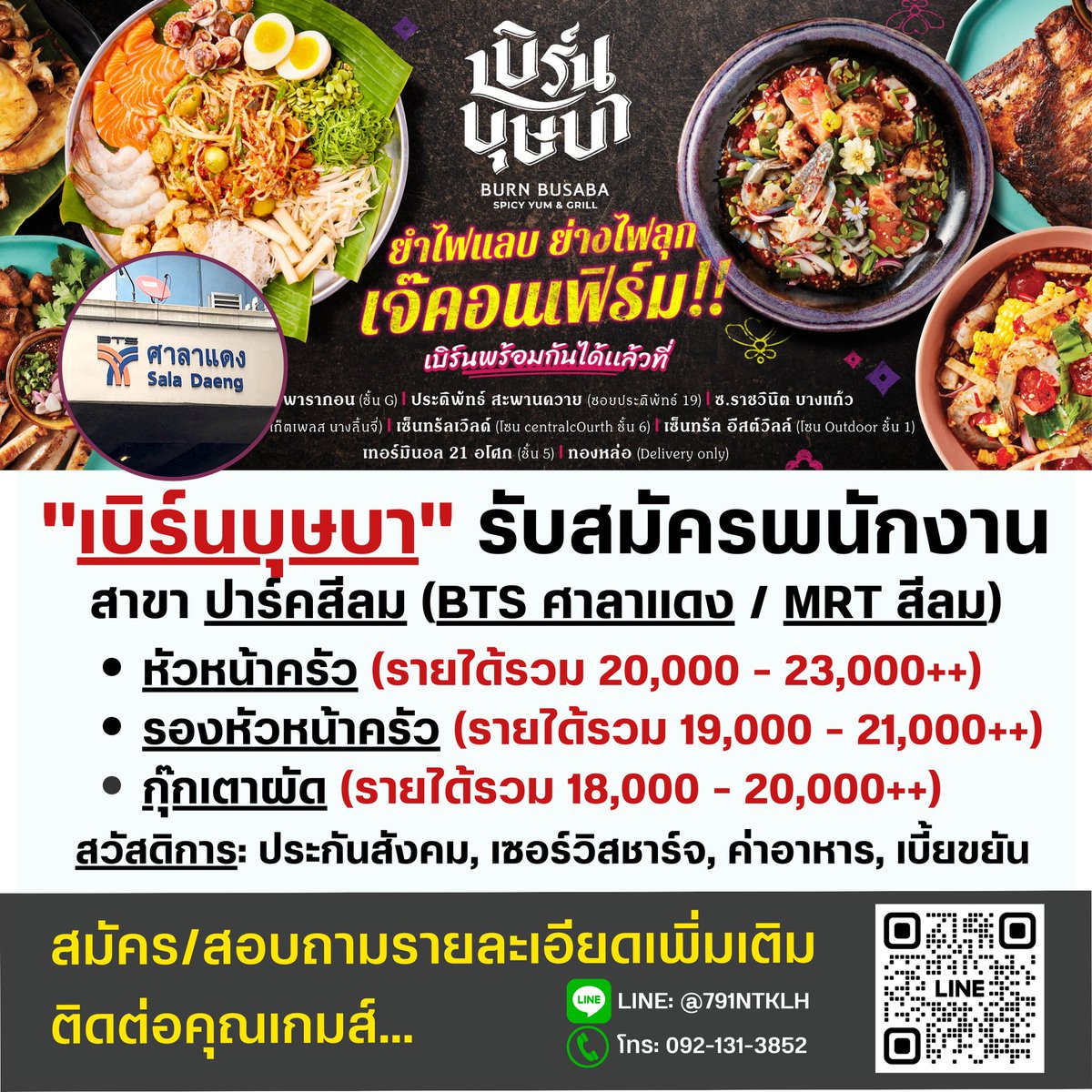 BKKPARTTIME's tweet photo. เบิร์น บุษบา (ปาร์คสีลม) รับสมัครหัวหน้าครัว, รอง/กุ๊กเตาผัด หลายอัตรา รายได้รวม 18,000-23,000 บาท/เดือน มีประสบการณ์ร้านอาหารจะพิจารณาเป็นพิเศษ มีเซอร์วิสชาร์จ,ทิป,เบี้ยขยัน ค่าอาหาร สนใจโทร: 092-1313852 (เกมส์)
#เบิร์นบุษบา #หัวหน้าครัว #กุ๊ก #งานร้านอาหาร #ปาร์คสีลม https://t.co/K9USpOh49a