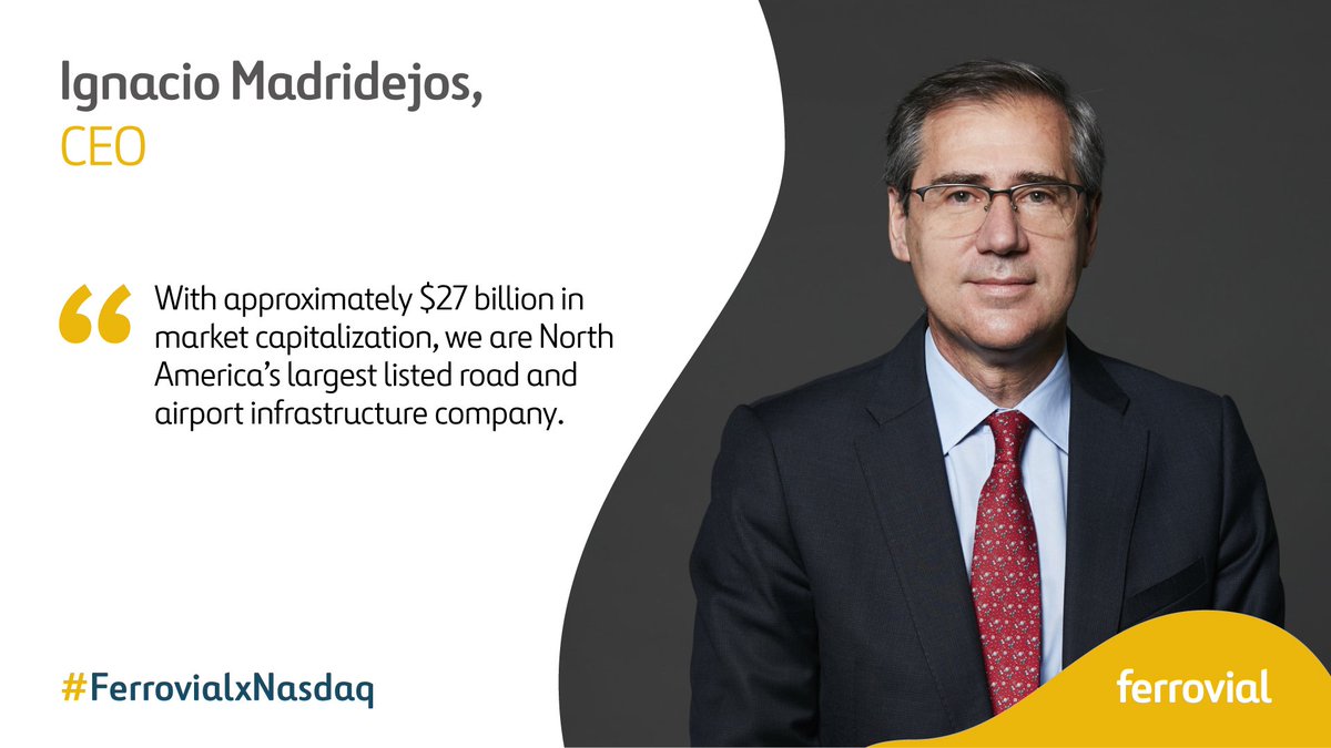 We’ve been active in the 🇺🇸 US for more than 20 years and the @Nasdaq listing represents a key step in Ferrovial’s plans for growth in North America. ferrovi.al/j7x39gmhm1/ 📷 Ignacio Madridejos, CEO of Ferrovial #FerrovialxNasdaq #NasdaqListed