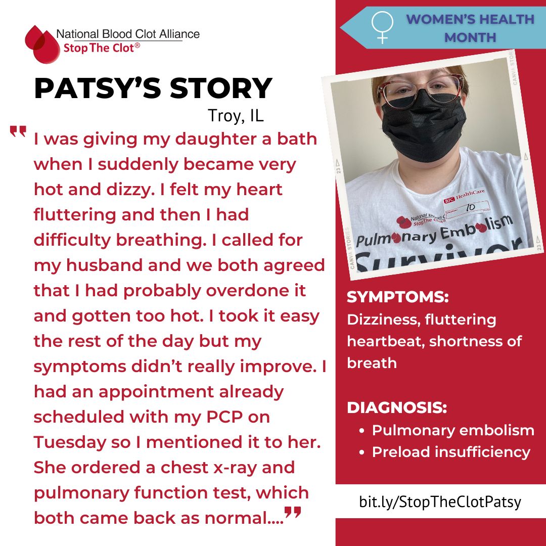 'Never did we think it would show I had a clot, as I had zero risk factors! My D-dimer ended up coming back with levels that were incredibly high, indicating a possible blood clot.' Read Patsy's full story: stoptheclot.org/patient-storie…
#stoptheclot #stoptheclotstory #womenshealthmonth