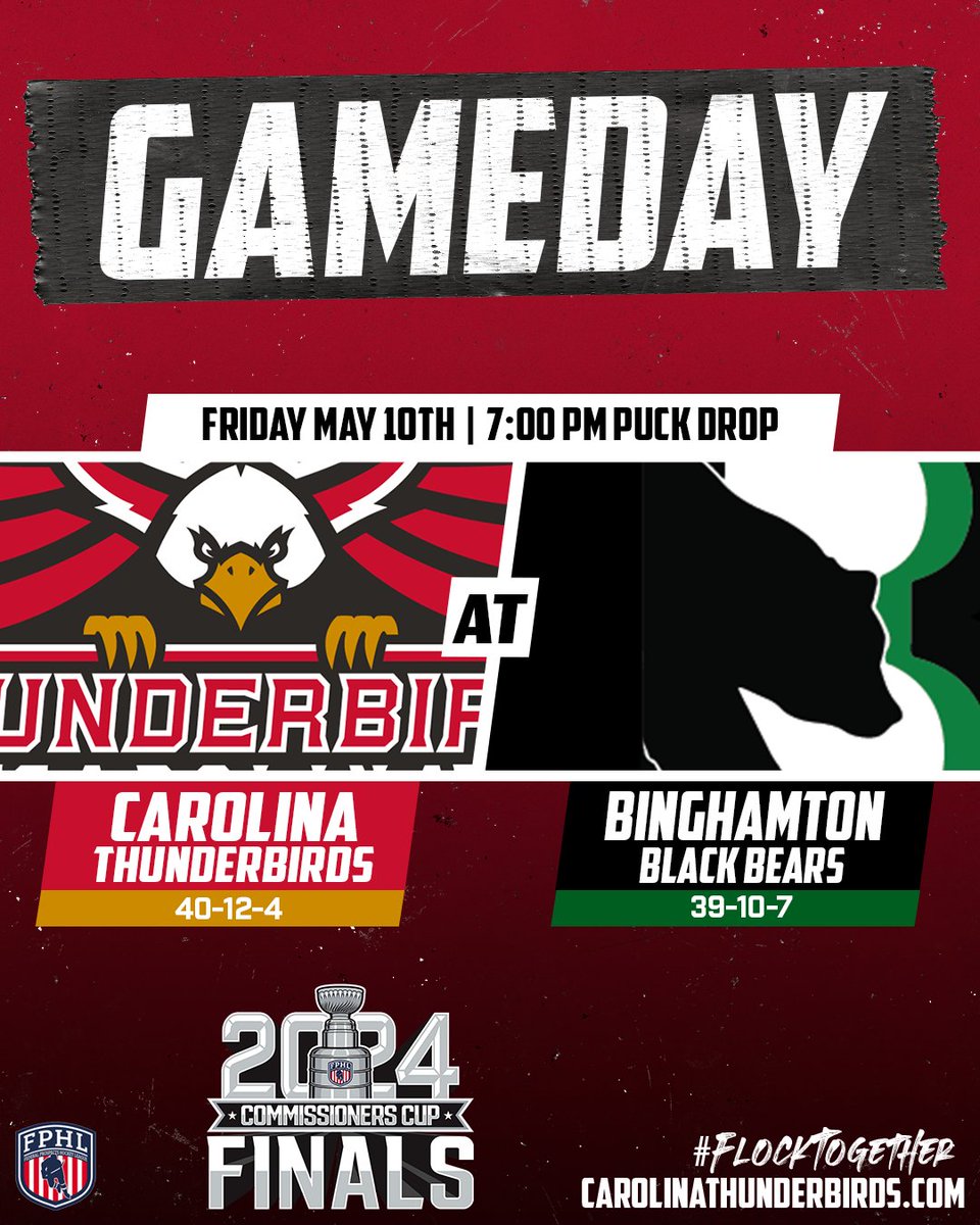 Time to go to work.

🆚: Binghamton Black Bears
🏟: Visions Veterans Memorial Arena
🏆: Finals, Game Three (Bing. leads, 2-0)
⏰: 7:00 p.m. EDT
📺: Thunderbirds TV (YouTube)
📻: WTOB 980 AM

#flocktogether #unfinishedbusiness