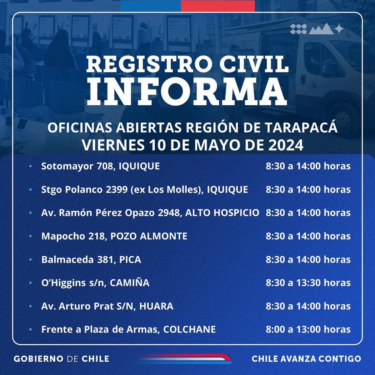 Recuerda que estamos en todas las comunas de #Tarapacá. Revisa aquí las ubicaciones y horarios de atención de nuestras oficinas en la región. #Iquique #AltoHospicio #PozoAlmonte #Pica #Huara #Colchane #Camiña