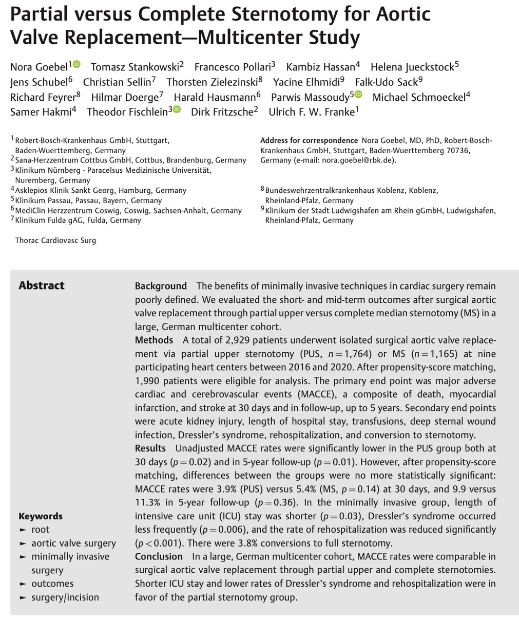 🔍 The debate on MICS continues: this study compares partial upper sternotomy (PUS) to complete median sternotomy for AVR. While MACCE rates were comparable, PUS showed advantages like shorter ICU stays and lower rehospitalization rates 🫀 🔗 shorturl.at/beLX4