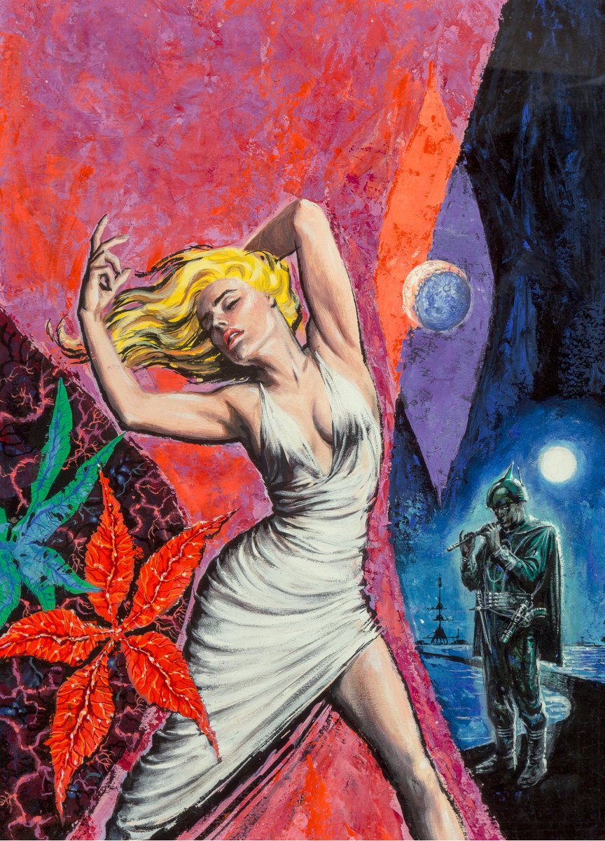 #SciFiDaily Series favorite Ed Emshwiller painted this cover for a Poul Anderson story. At first glance this doesn't have any of Emsh's odd, 'futuristic' headwear. But the version sans typography shows the man in the background wearing such a hat. Emsh, you were so predictable.