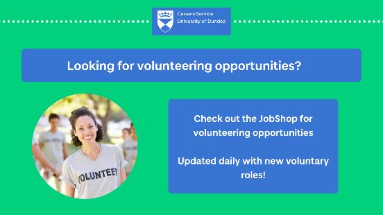 Looking for a volunteering opportunity? Add valuable work experience to your CV! Check out the @UoDCareers JobShop for volunteering opportunities! buff.ly/2ITCeWW #ExploreDevelopConnect #UoDCareersJobsoftheWeek