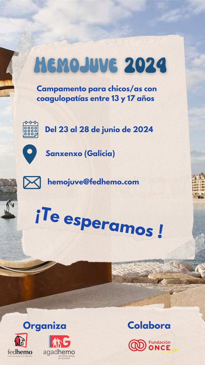 INCRIPCIONES ABIERTAS #HemoJuve2024 ⚠️Hasta el el 31 de mayo ! 👧🧑 #coagulopatías de los 13 a 17 años. 📅 del 23 al 28 de junio 📍Sanxenxo (Pontevedra, Galicia) 📨Mandar a hemojuve@fedhemo.com Información 👉fedhemo.com/event/hemojuve… #HemoJuve @Fundacion_ONCE @Agadhemo