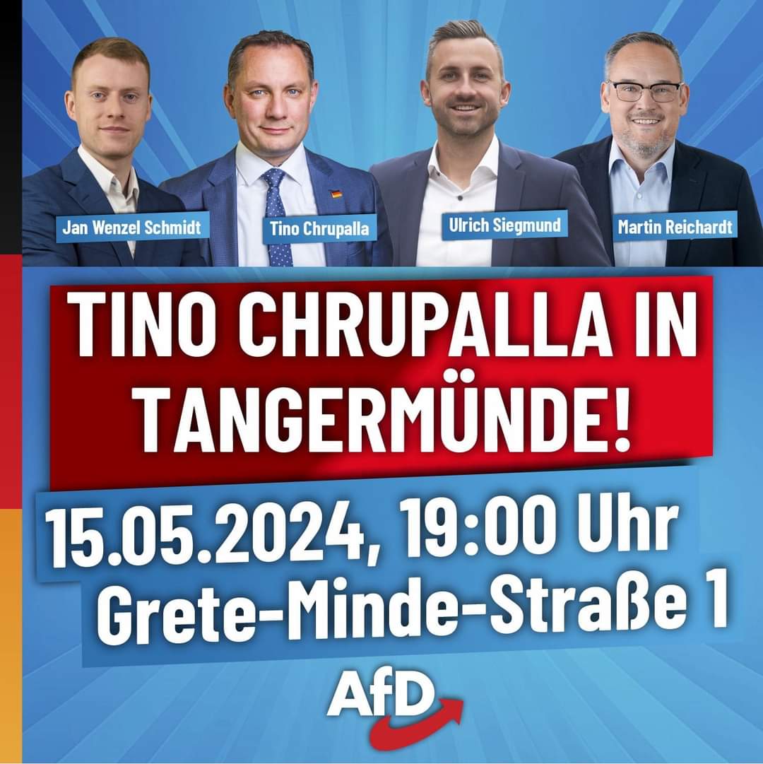 Der Hetze trotzen, die Wahrheit verkünden!
Auf nach #Tangermünde! Mit @Tino_Chrupalla @jws_afd und @UlrichSiegmund! 
Gemeinsam für ein starkes Ergebnis bei #Kommunalwahl & #Europawahl2024!