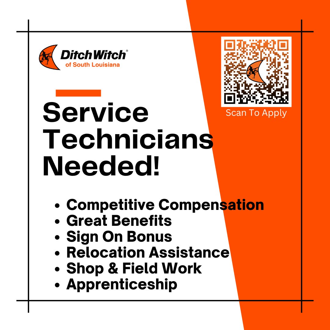 Join our team at Ditch Witch of South Louisiana! We're on the lookout for skilled Service Technicians to help keep our machines running smoothly and our customers satisfied.  Apply now or tag someone who might be interested! #NowHiring  ow.ly/ISuI50RsRVL