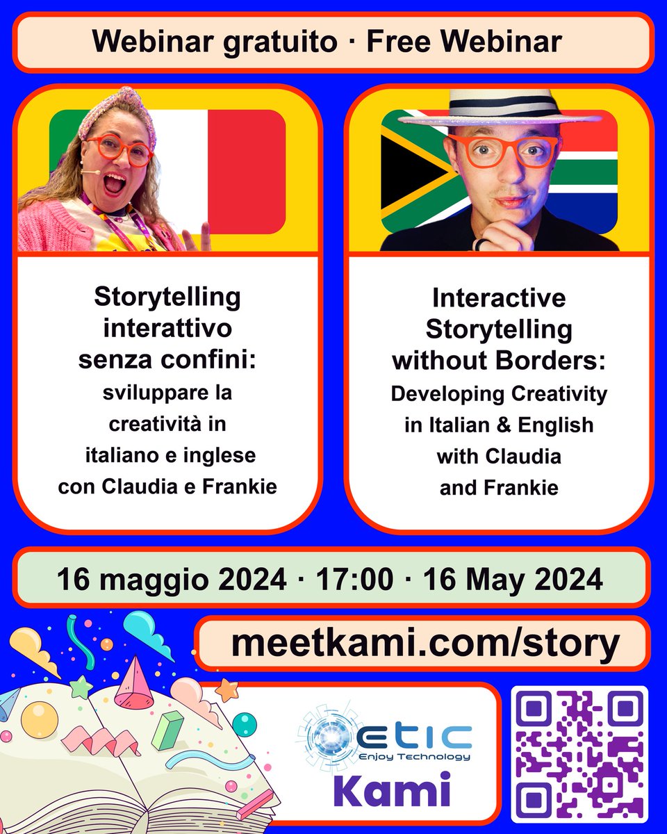 Interactive stories engage students by allowing them to actively participate in the narrative. 🚀 Creating stories that are inspiring is a breeze in @KamiApp ! Join @laproffisa and me for this exciting 🇮🇹 Italian and 🇿🇦 English webinar, in partnership with ETIC SRL. 👉 Book