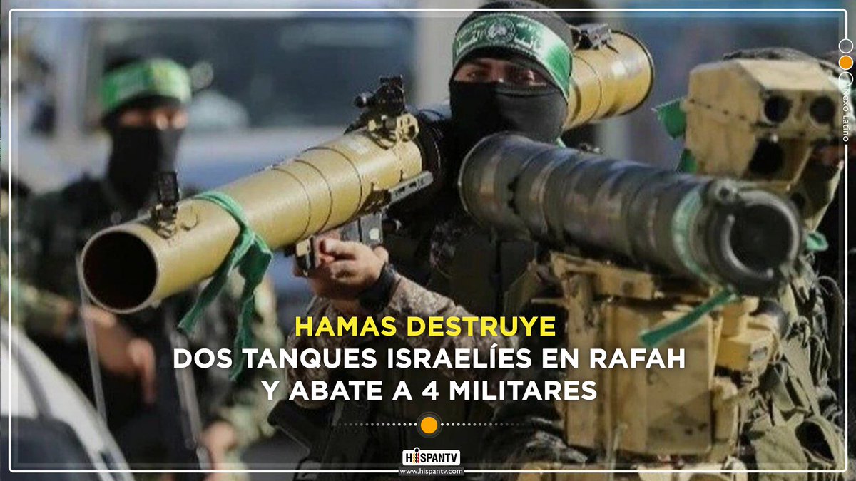 🔴#HAMAS destruye dos tanques israelíes en #Rafah y abate a 4 militares 🔺Las Brigadas Al-Qassam afirman haber destruido dos tanques israelíes en el este de Rafah, en combates que han dejado cuatro bajas en filas del ejército israelí. 🔗Lea más: tinyurl.com/ycy8ys9f #Gaza