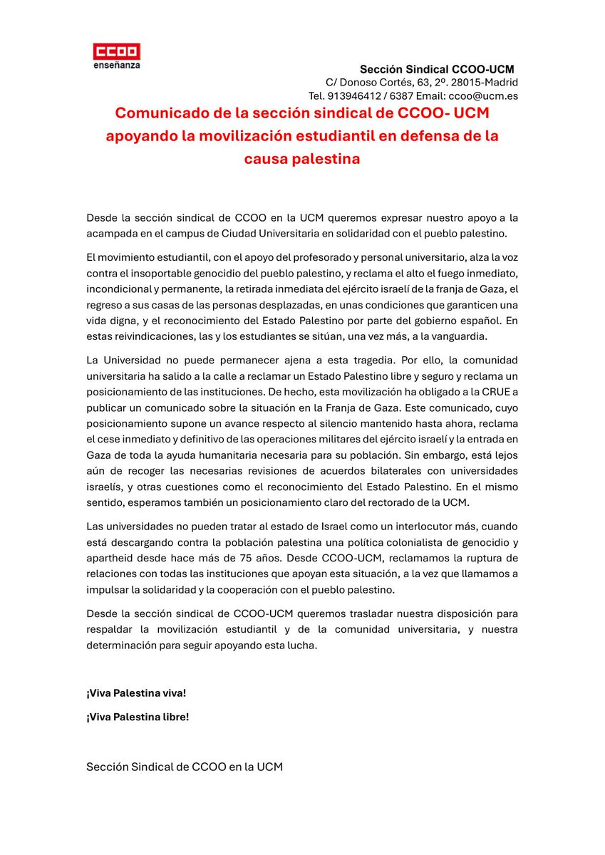 La sección sindical @ccooucm apoya la movilización estudiantil en defensa de la causa palestina ⁩ #AcampadaPorPalestina @acampadamad @CCOOMadrid @feccoo @ccoouniversidad @CCOOUUMM @CCOOEducaMa