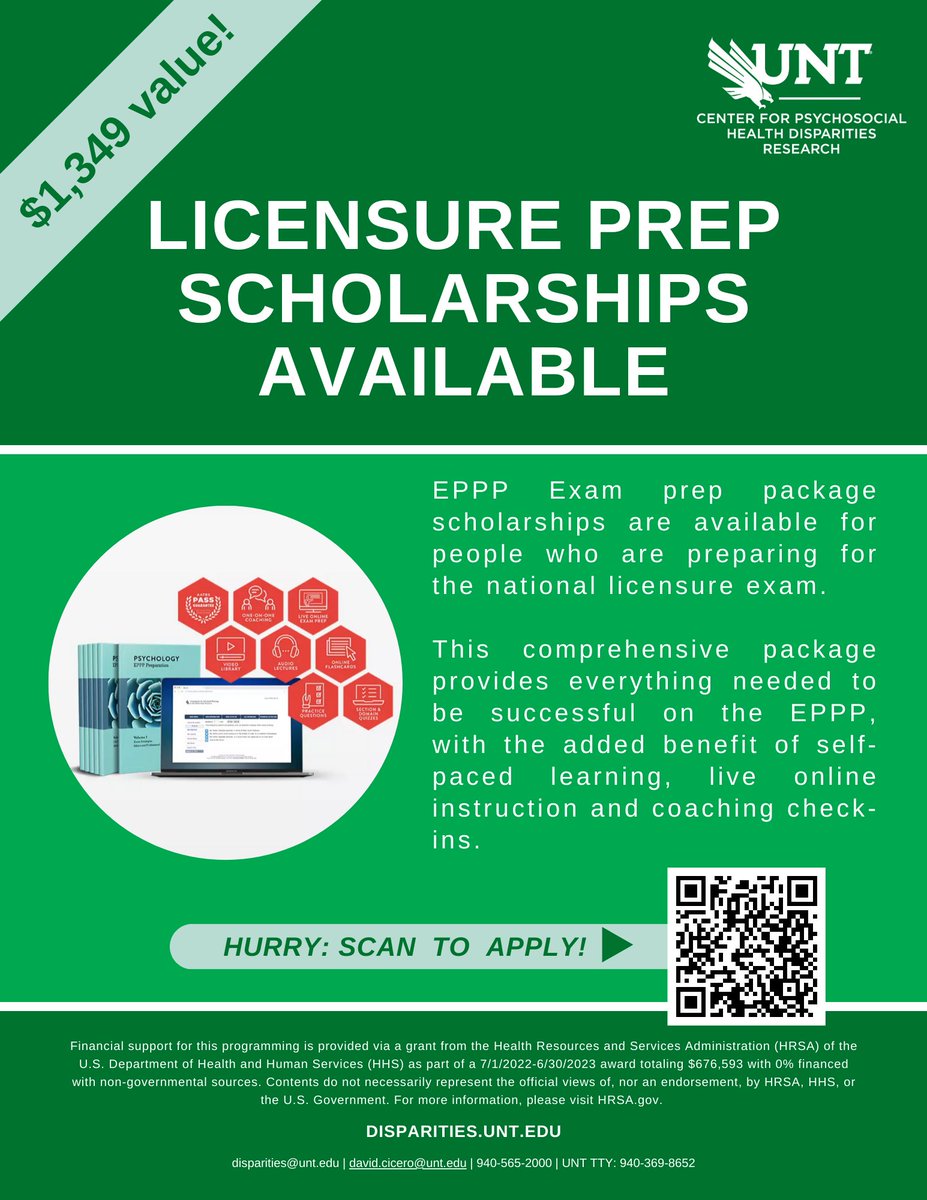 The Center for Psychosocial Health Disparities Research has approximately 50 scholarships for licensure prep (EPPP) materials to give out in the next few months. Please share with anyone you know how is planning to take the test in the near future.