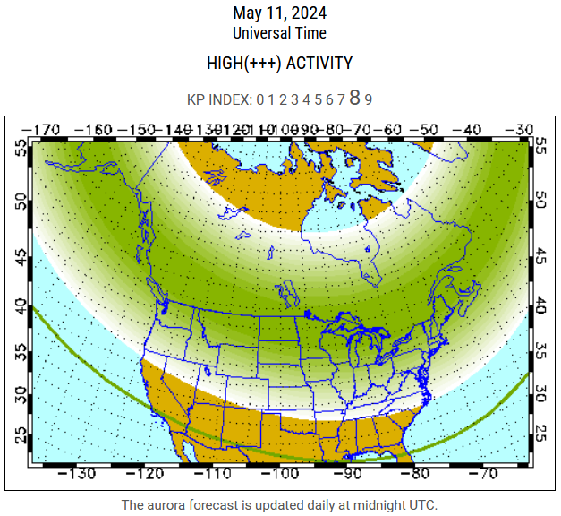 DrewTumaABC7's tweet photo. NORTHERN LIGHTS FORECAST
From University of Alaska, highly active aurora displays will be visible late tonight/Saturday morning. Possibility they may be visible low on the horizon as far south as southern California (solid green line below)
Latest forecast https://t.co/6dFRs0SArq https://t.co/YxODdslX1s