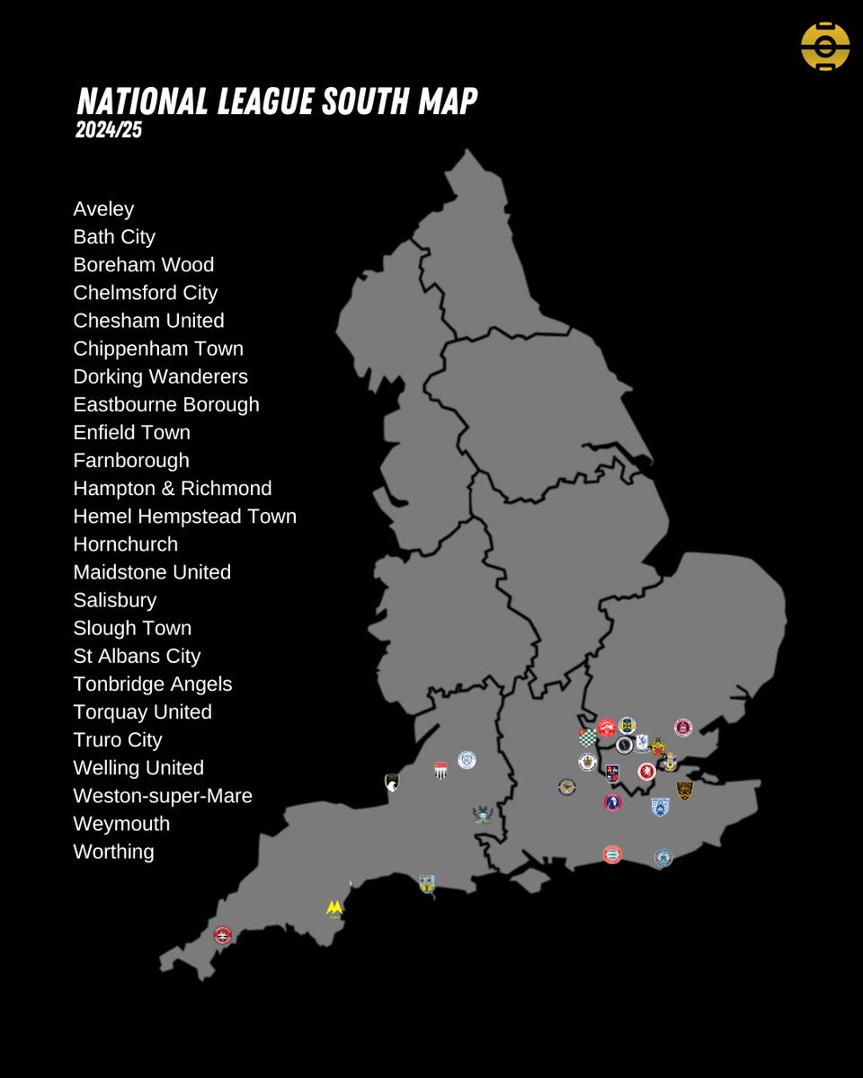 The 2024/25 National League South Lineup

Swipe for Map

Locations are approximate. May be off a few millimetres 

#nonleaguefootball #nonleague #nationalleaguesouth