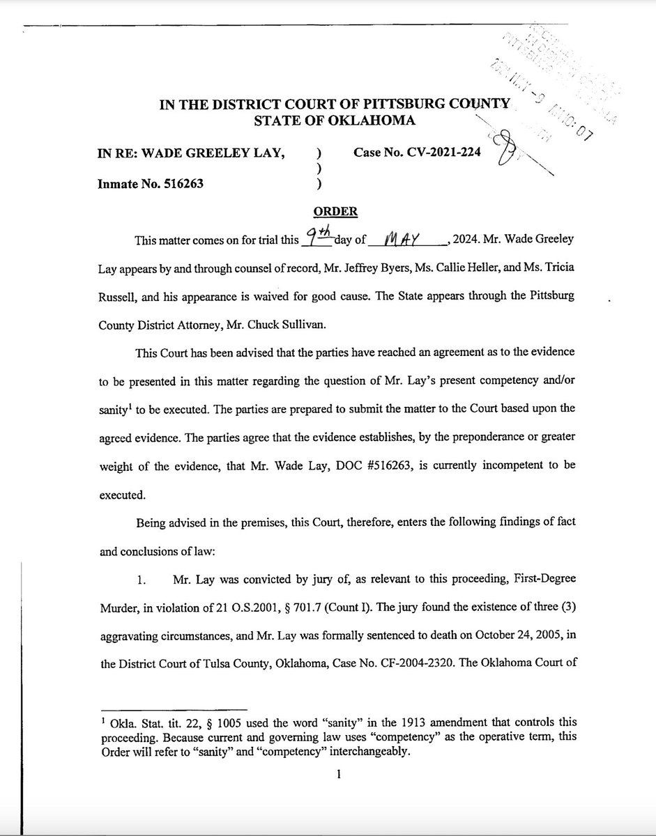 Here is a link to the Pittsburg County District Court ruling determining that Wade Lay is incompetent to be executed. deathpenaltypolicy.org/wp-content/upl… @OKCADP @CCATDP @NAMICommunicate @taccommunicate @MentalHealthAm @ABAdueprocess #Oklahoma #deathpenalty