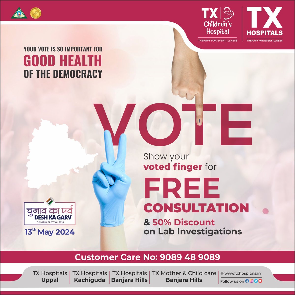 Your Vote. Our Gratitude. 🗳️✨ Show your voted finger for a FREE consultation and enjoy a 50% discount on lab investigations. Let's celebrate a healthy democracy together! #HealthyDemocracy #VoteAndSave #TXH #TXHospitals #VOTE2024