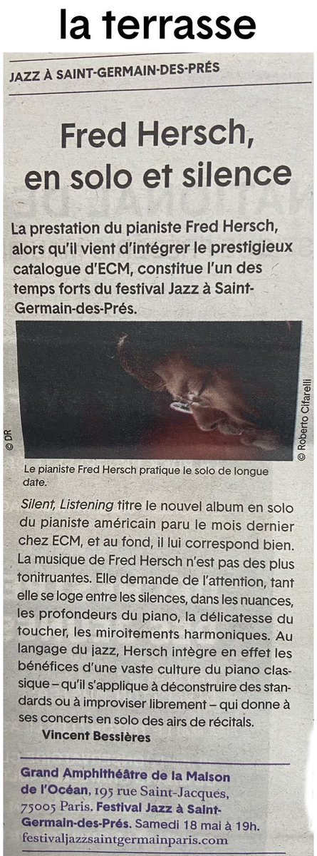 Jazz à Saint-Germain 🎶 (@jazzstgermain) on Twitter photo Merci à <a href="/news_laterrasse/">Journal La Terrasse</a> pour cette belle annonce de la sortie du nouvel album "Silent, Listening" du pianiste <a href="/FredHerschMusic/">Fred Hersch</a> chez <a href="/ECMRecords/">ECM Records</a>
. En concert au festival samedi 18 mai à 19h, à la Maison de l’Océan.
👉 bit.ly/Jazzastgermain… Merci à <a href="/news_laterrasse/">Journal La Terrasse</a> pour cette belle annonce de la sortie du nouvel album "Silent, Listening" du pianiste <a href="/FredHerschMusic/">Fred Hersch</a> chez <a href="/ECMRecords/">ECM Records</a>
. En concert au festival samedi 18 mai à 19h, à la Maison de l’Océan.
👉 bit.ly/Jazzastgermain…