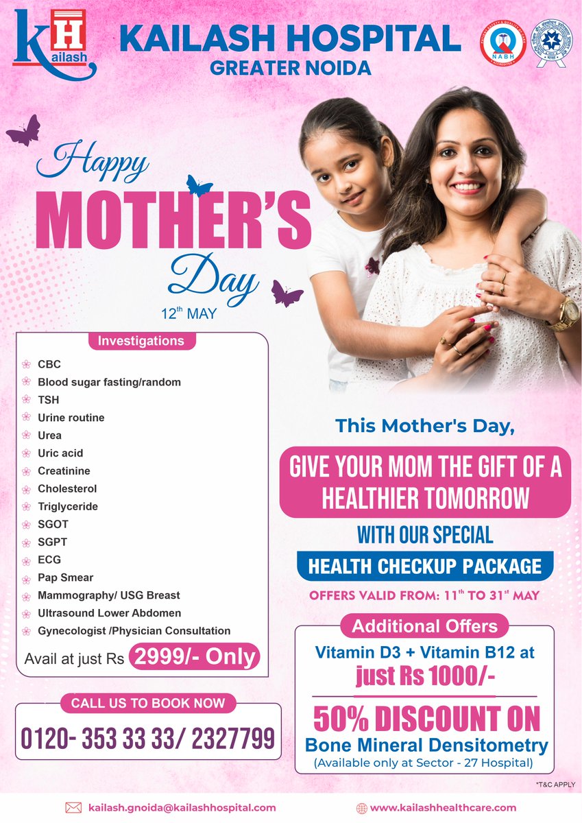 This Mother's Day, celebrate the most important woman in your life with the 'Gift of Wellbeing'! Book Kailash Hospital's exclusive Mother's Day Health Package today that offers a comprehensive Health checkup & personalized care for your Mom. Offers Valid from 11th - 31st May.…