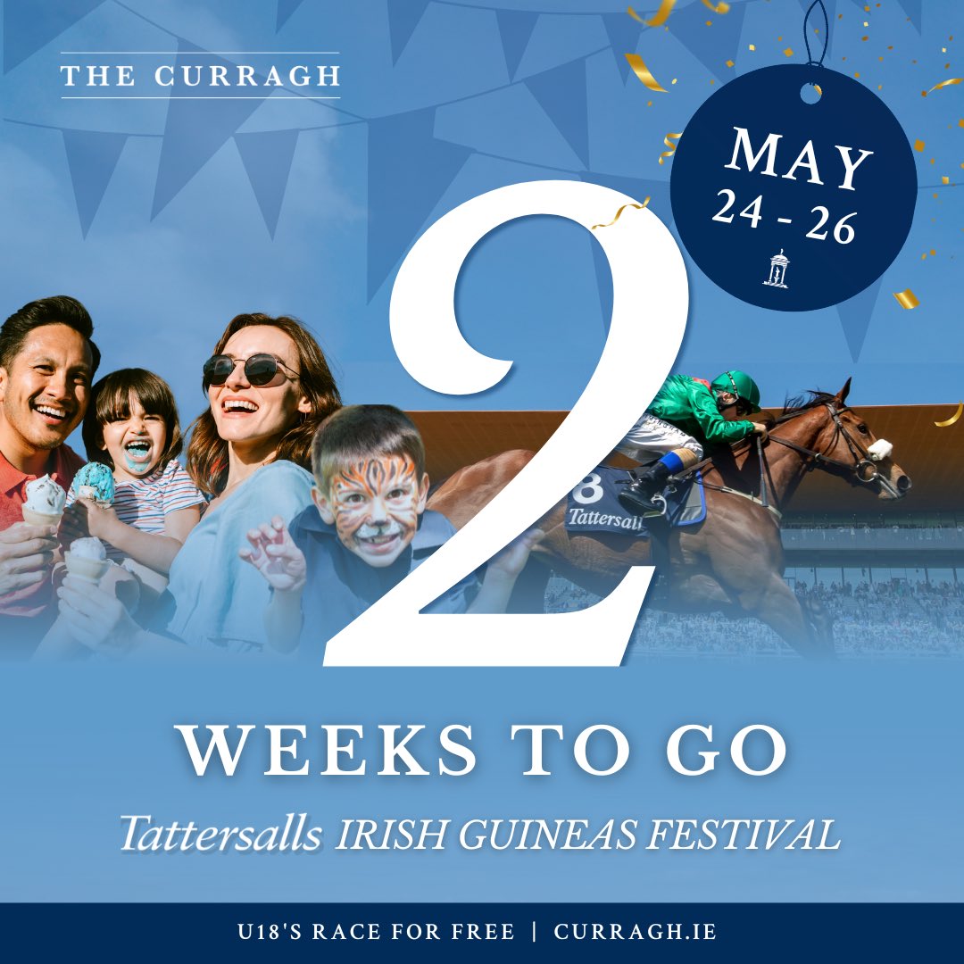 Less than two weeks left until the @tattersalls1766 Irish Guineas Festival! 🏇🏻💨 Don’t miss out on our Early Bird Ticket 🐦 🎟️ offer, ending this Sunday at midnight 🕛 U18’s go FREE when accompanied by an adult ✨👏🎉 Tickets 🎟️ ➡️ curragh.ie