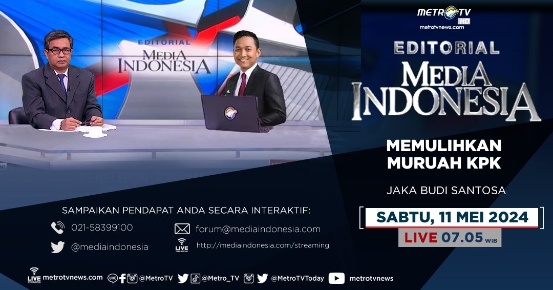#EditorialMediaIndonesia hari Sabtu (11/5) LIVE pukul 07.05 WIB di Metro TV akan membahas tentang sejumlah pimpinan KPK secara bergilir diterpa beragam kasus, mulai dari etik hingga pidana korupsi. Pimpinan yang harusnya berada di garda terdepan untuk menumpas rasuah, justru
