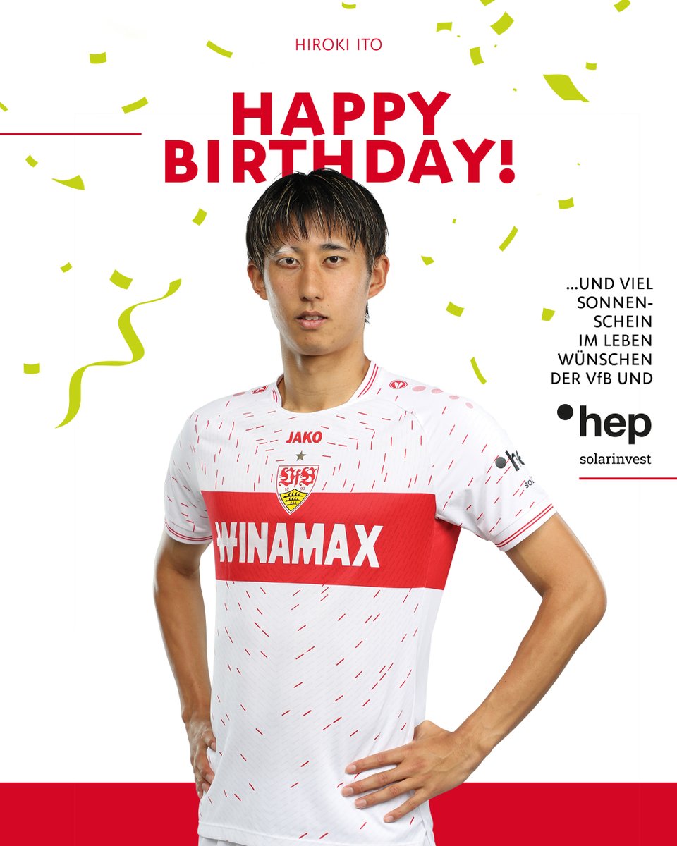 お誕生日おめでとう, Hiroki #Ito! 🎈 Happy Birthday – und lass dich heute ordentlich feiern! 🥳⚪🔴 #VfB | [Anzeige]