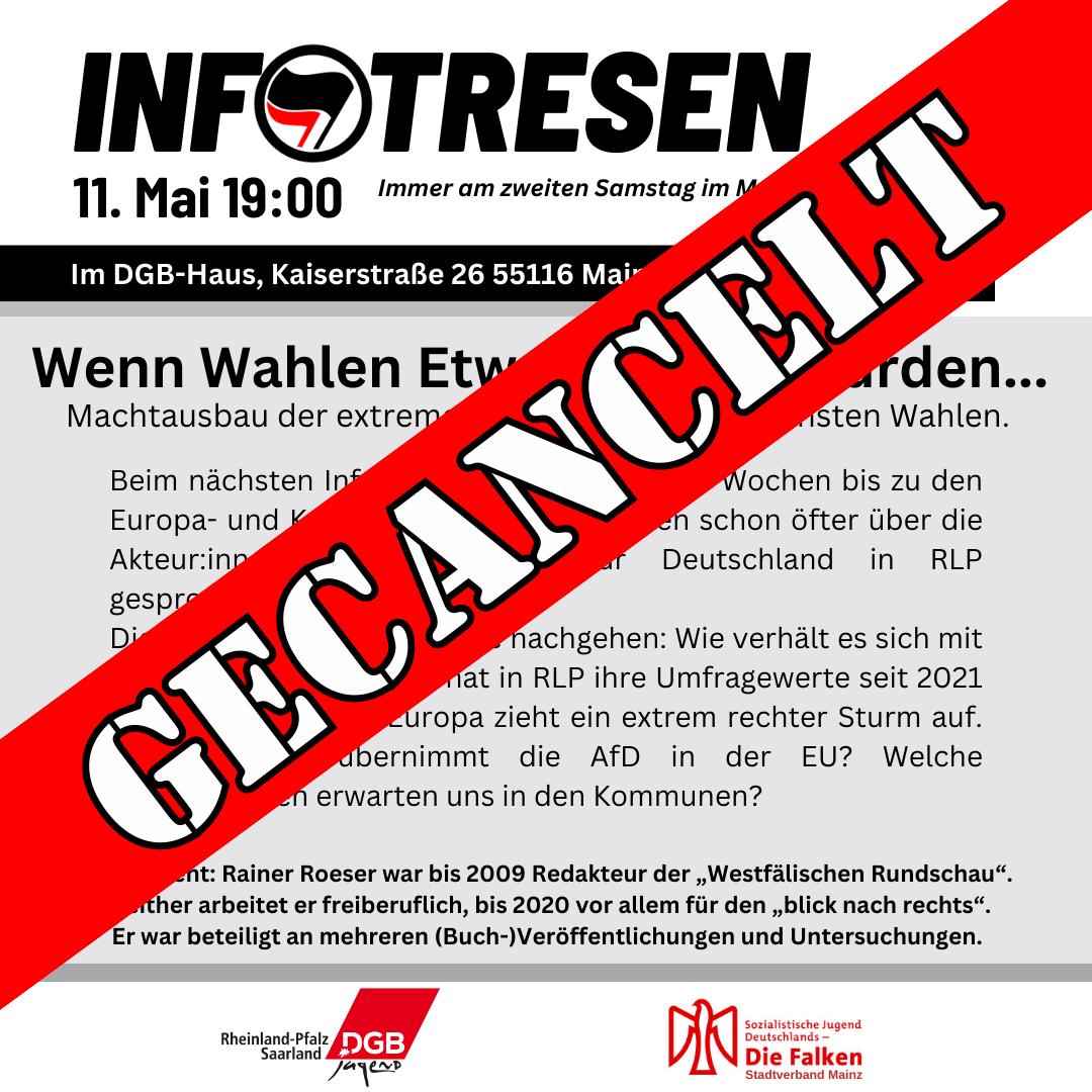 Achtung #Mainz. Der Vortrag, der für morgen geplant ist, muss leider auf den 08.06. verschoben werden. 
Bitte weitersagen.