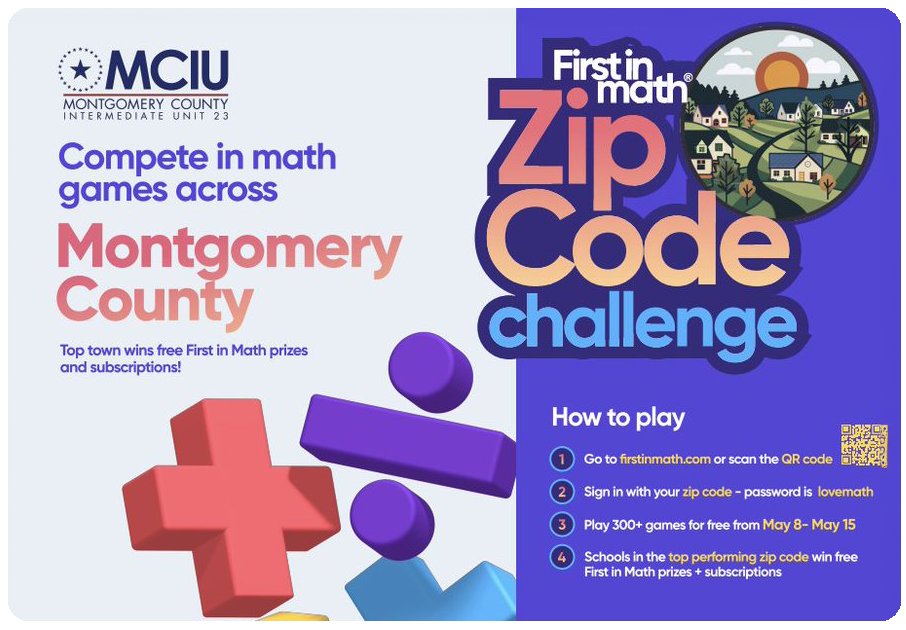 Through May 15 residents of Montgomery County PA can play awesome math games for free—including @24game ‼️ Login is simple: firstinmath.com User ID: any MC Zip code. PW: lovemath All schools (K-8) in the winning Zip code win @firstinmath prizes. ⁦@MCIU #ZipCodeChallenge