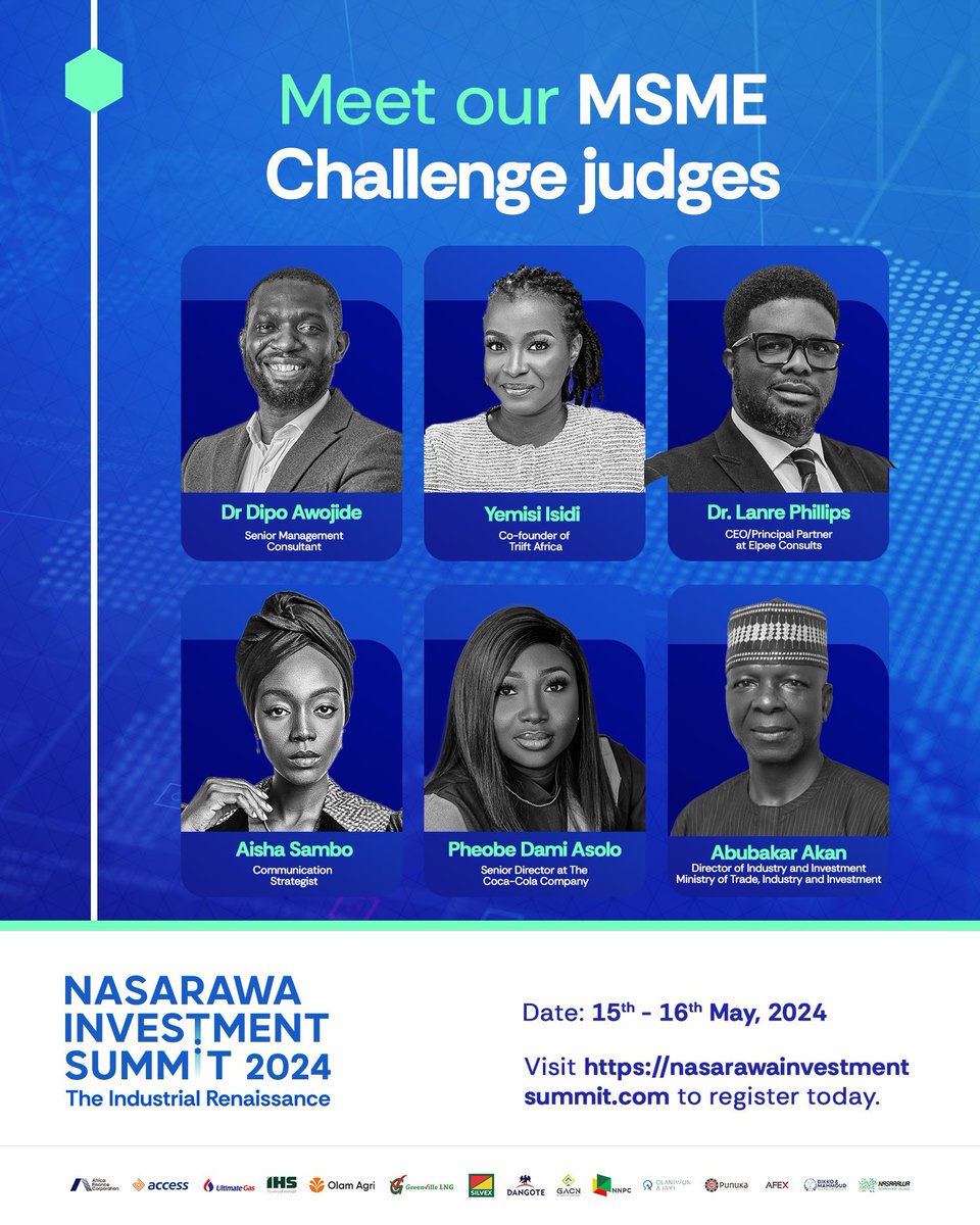 Super excited to have been invited by the Nasarawa State Government as a Judge on the MSME Challenge at the Nasarawa Investment Summit holding on 15 and 16 May 2024. Visit nasarawainvestmentsummit.com to register. See you there. #IndustrialRenaissance #NIS2024