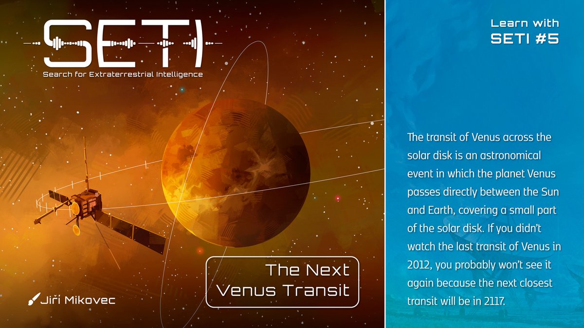 What is the transit of Venus? And will we ever have the chance to see it again? 🫣 Come #LearnwithSETI! 📡🌌 🖌️ This week's beautiful illustration is by Jiří Mikovec, and you'll find it on one of the #SETI cards! 💡 All space facts have been selected by the designer of SETI:…