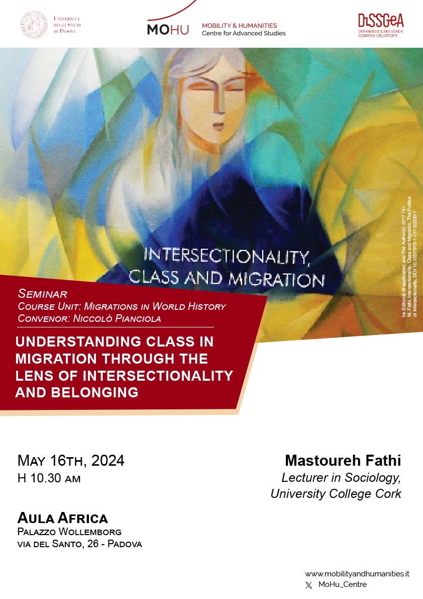 Upcoming seminar featuring new visiting scholar Mastoureh Fathi @Mastourehfathi from @UCC. Join us as we delve into the complexities of class in migration through the lens of intersectionality and belonging. Convened by Niccolò Pianciola. More info here: mobilityandhumanities.it/2024/05/08/und…