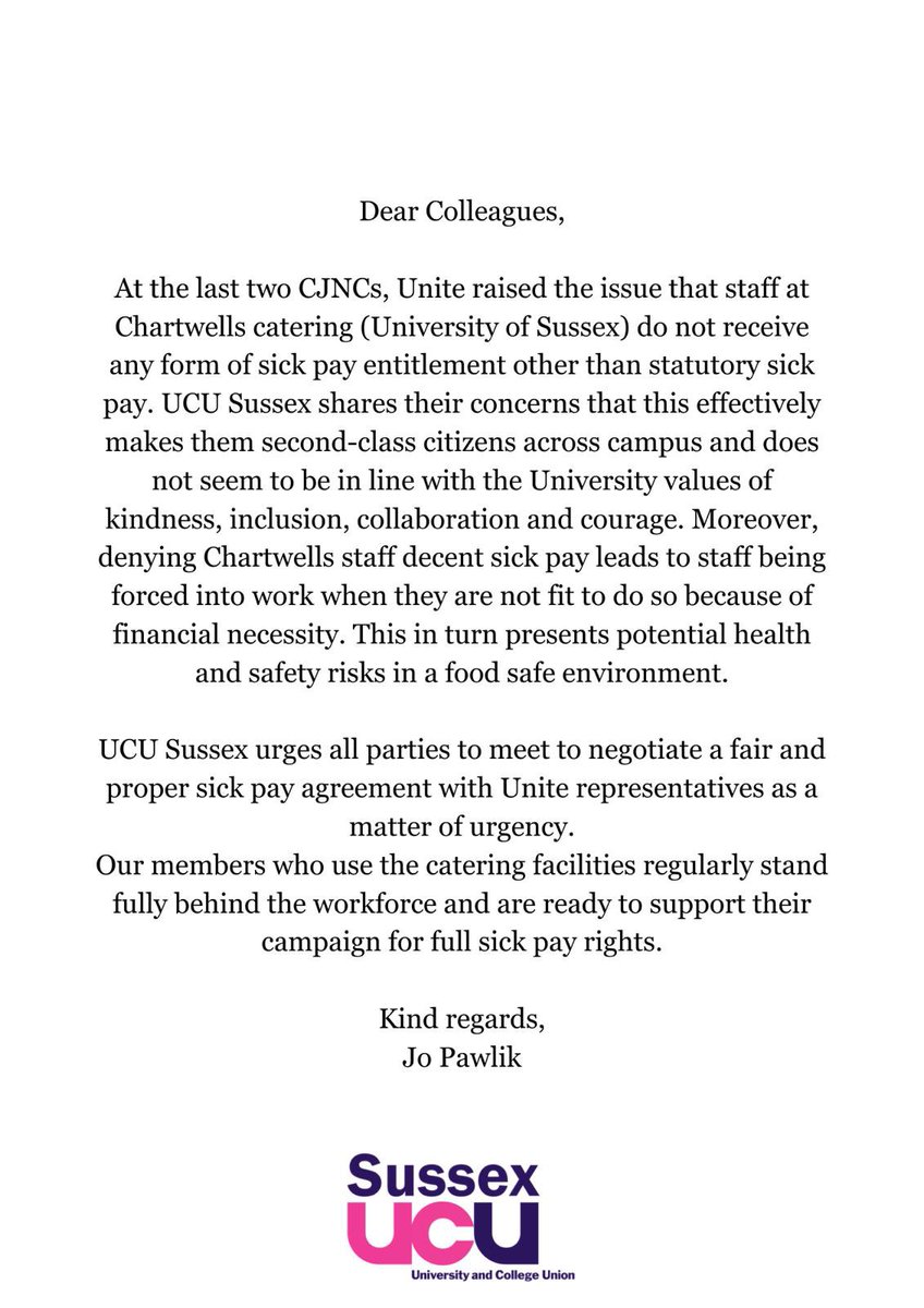 Thank you to the @ucu reps at @SussexUni who are backing our campaign for sick-pay parity across campus. It is completely unacceptable at an educational institution like this that hospitality & service workers employed by @ChartwellsHE would not be getting *any* company sick pay