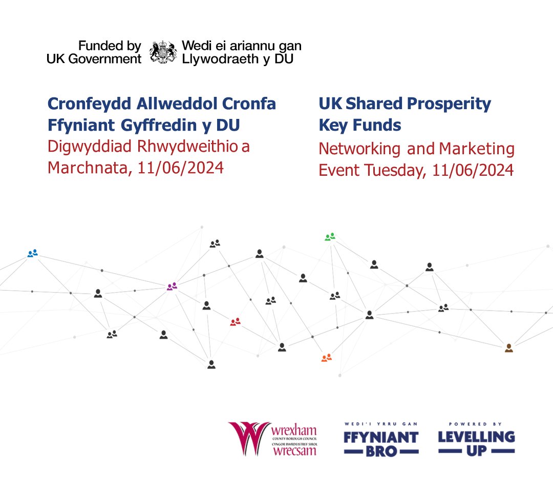 Join Wrexham Council for a free networking and marketing event to learn about local projects delivered through UK Shared Prosperity Key Funds. DATE Tuesday, 11 June 2024 TIME 5pm – 6pm LOCATION Wrexham Memorial Hall, Bodhyfryd, Wrexham, LL12 7AG