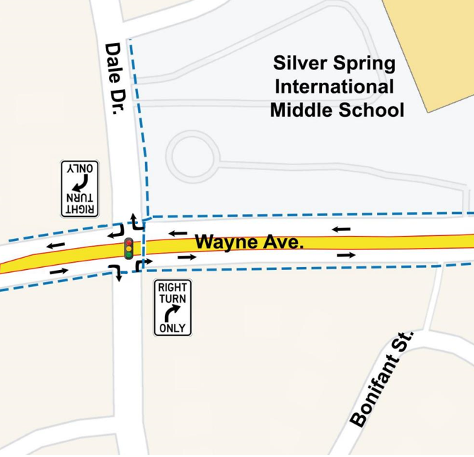 UPCOMING Traffic Alert for #SilverSpring! Beginning June 14, a temporary traffic pattern will be implemented on Dale Dr. at Wayne Ave. reducing movements to right-turn-only for approximately 3 months to advance track installation. #MDtraffic #purplelineprogress #wtop