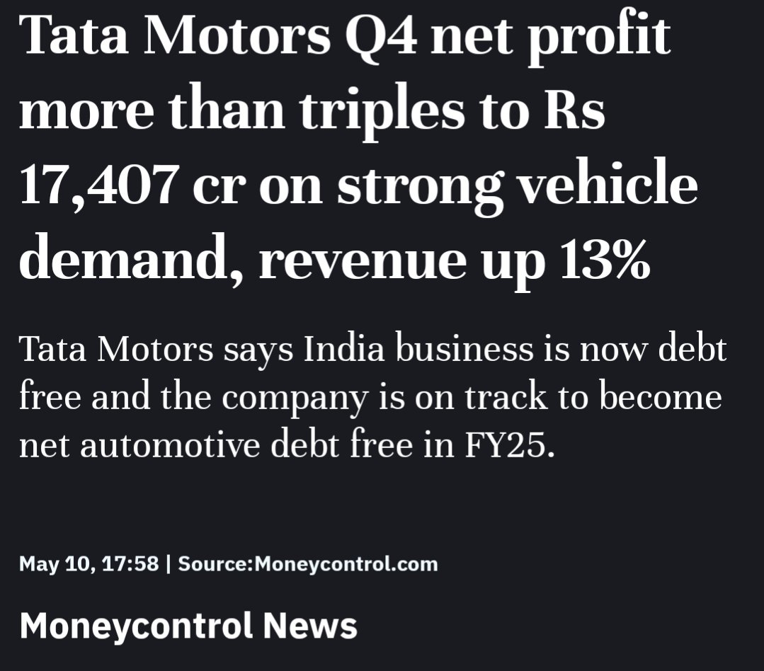 Fantastic results from #TataMotors.
Net profit triples. This is un heared of in the auto industry.
This is just the beginning. 
Doubling from here is minimum.

#StockMarketindia #MarketUpdate #InvestInIndia #StocksToBuy #investing #Nifty