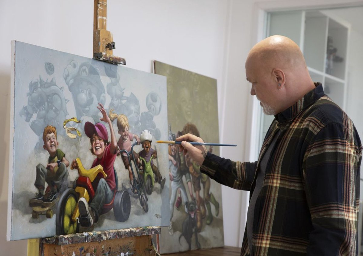 BTS at Craig Davison's studio! "Let's A Go!" was a firm favourite from Craig's 2023 launch. 🎮🍄 Available as an original oil, large canvas and small canvas limited edition, check it out online and in gallery!