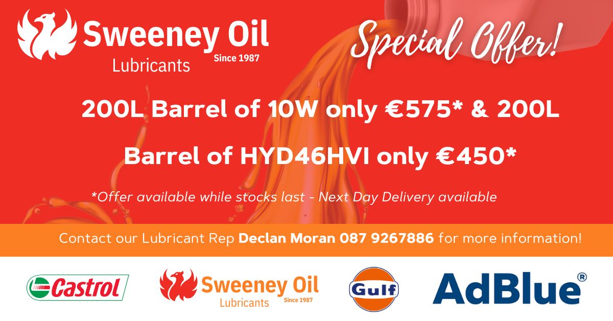 Sweeney Oil Quality Lubricants - Fueling
your Summer Season!

Check out our latest lubricant offer. Available while
stocks last - Get in touch with our lubricant Rep Declan
today for more information.

#Lubricants #Specialoffer