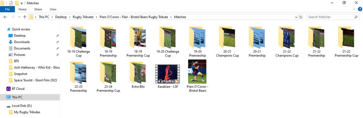 My tribute of @OConorPiers is starting to take shape. 

Here's what a player's folder usually looks like. You can see why it took nearly two weeks to research all of his games. He's a walking highlights reel. 😂

Now into the edit!

#PiersOConor #BristolBears @BristolBears