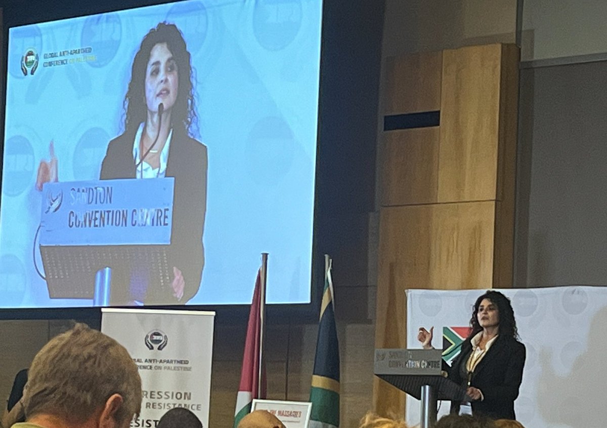 'Palestine today is the frontline against the global descent into darkness — which means that the Palestinian resistance is a force for peace.' - @Lamis_Deek at the Global Anti-Apartheid Conference on Palestine.