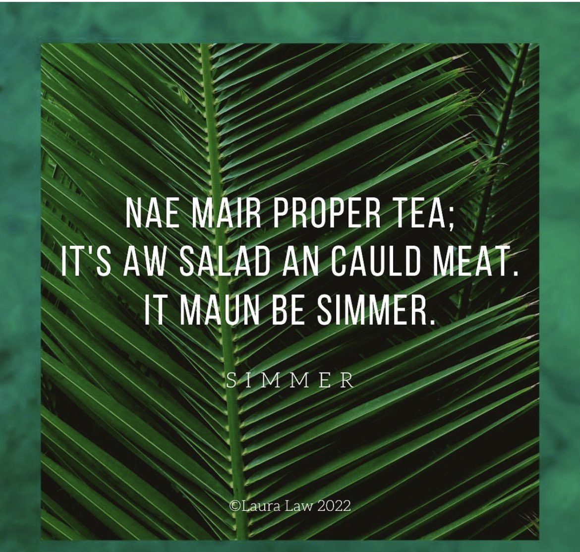 ‘Nae mair proper tea;
It’s aw salad an cauld meat.
It maun be Simmer.’

#scots #scotslanguage #scotspoetry #poetry #haiku