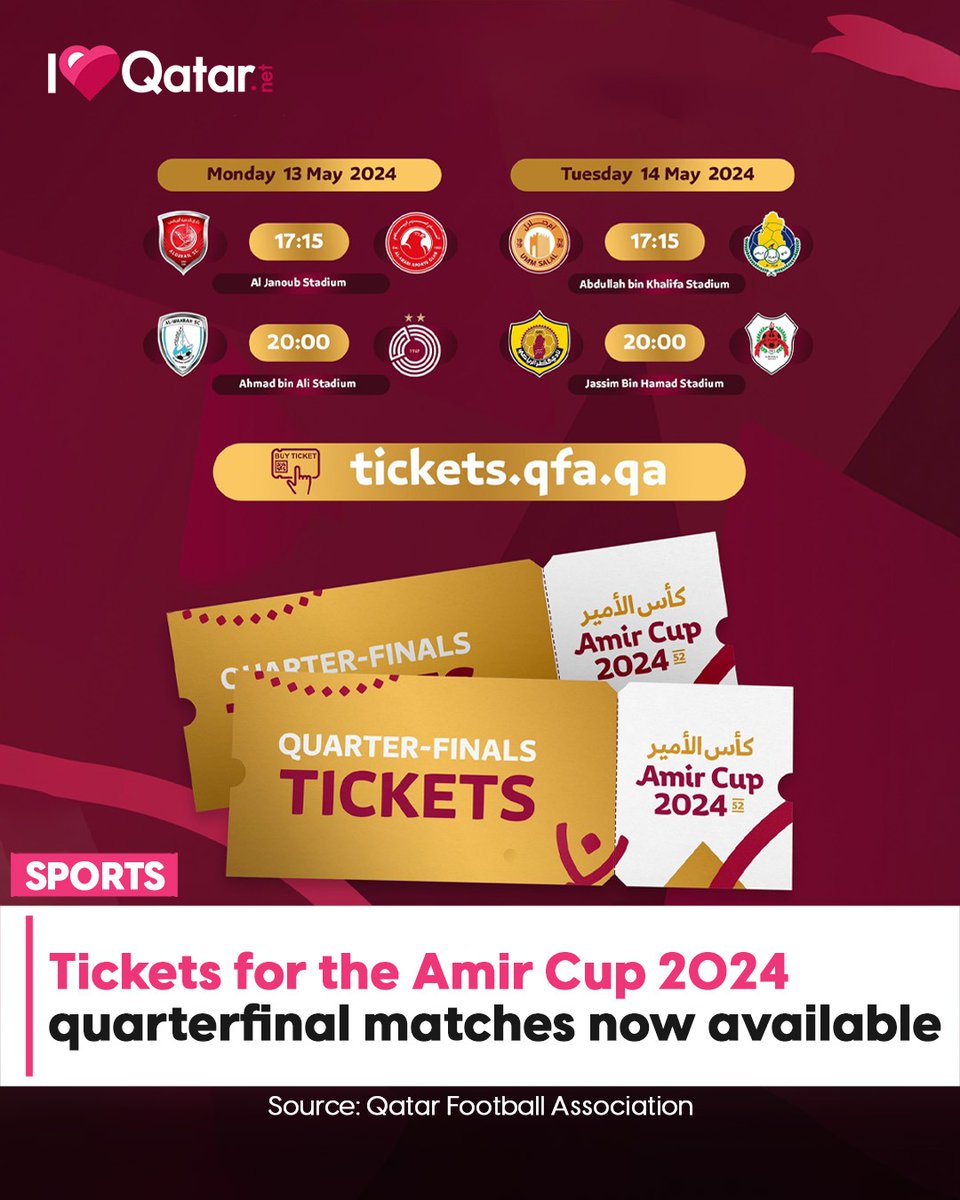 🎟️Tickets for the Amir Cup 2024 quarterfinal matches are now available! 👉Ticket prices start at QR 10. Which team do you think will win? Book your tickets now! 👇iloveqatar.net/events/sports/… #Doha #Qatar #ILoveQatar #ILQ #ILQLive #AmirCup #AmirCup2024 #QatarFootball…