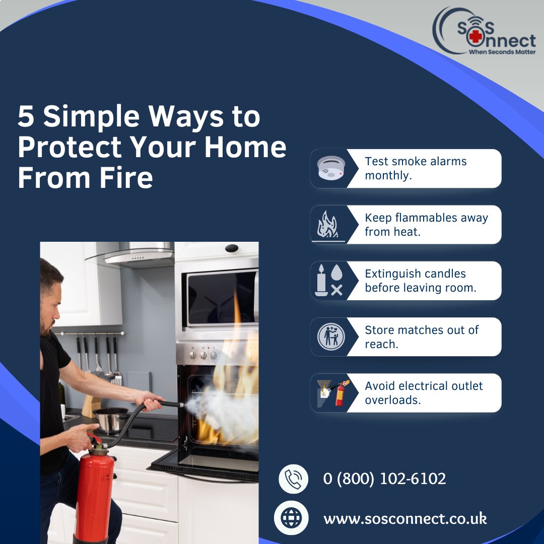 Keep your home safe from fire with these 5 easy steps! Don't risk it, protect what matters most! 
.
.
.
#FireSafety #Fire #Safety #SafetyFirst #FireProtection #SOSConnect