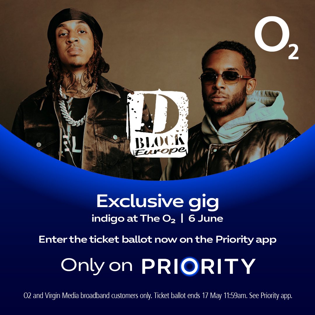 📢 Attention D-Block Europe fans 📢

Don’t miss out on an exclusive gig on 6 June 2024, just for O2 and Virgin Media broadband customers. Head to the Priority app and enter the ballot now.👇

o2uk.co/PriorityDBE

Terms apply.